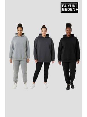 Superlife Kadın Büyük Beden 3 Lü Set  Kollar ve Etek Ribanalı Ince Kapşonlu Swatshırt SPR26BSWK957+3