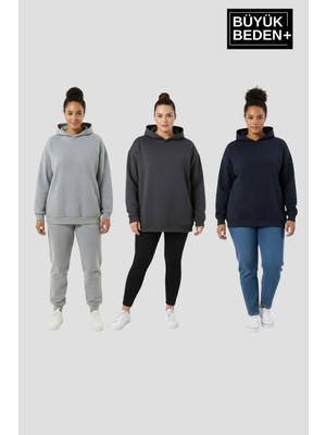 Superlife Kadın Büyük Beden 3 Lü Set  Kollar ve Etek Ribanalı Ince Kapşonlu Swatshırt SPR26BSWK957+3