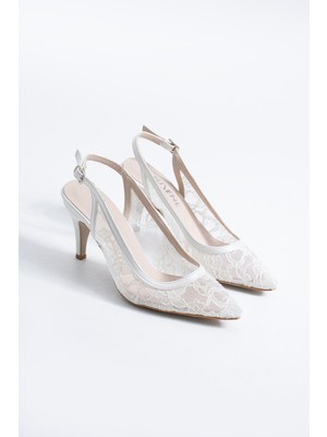 Elegance Dantel Detay Sivri Burun Topuk Dekolteli 7 cm Ince Topuk Saten Beyaz Gelin Ayakkabısı