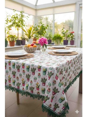 Yarımada Kadın Kooperatifi Kaktüs Desenli, Raşel Kumaştan, kenarlari piko nakisli ve iğne oyası görünümlü dantel detaylı masa örtüsü