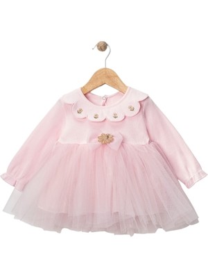 Minicix Kız Bebek Pembe Tüllü Elbise – Yakası Işlemeli, Uzun Kollu, Şık Doğum Günü ve Mevlüt Elbisesi