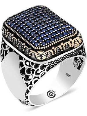 Gumush Gümüş Lacivert Zirkon Taşlı Kare Erkek Yüzük