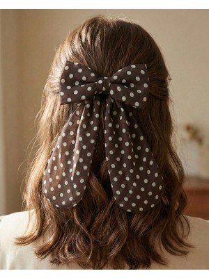 Jz Moda Kahverengi Beyaz Puantiyeli Kuyruklu Şifon Fiyonk Otomatik Toka