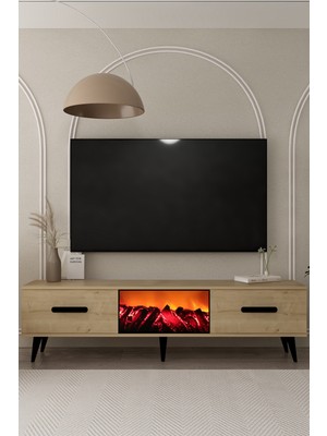 Demonte Decor TV0050-TXA150DD-1 Şömineli Tv Sehpası Safir-Siyah Kulp