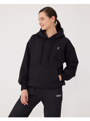 Kadın Düz Siyah Kapüşonlu Sweatshirt