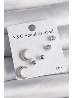 Clariss Üreticiniz 316L Çelik Gümüş Renk Zirkon Taşlı Hilal Model Kadın Küpe Seti 481348