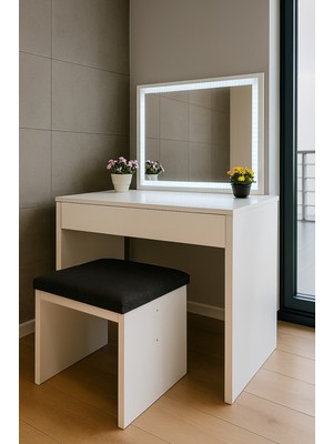 PremiumPort LED Işıklı Kare Aynalı Modern Makyaj Masası, Şık ve Kullanışlı Tasarım