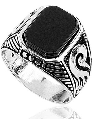 Gumush Gümüş Siyah Taşlı Erkek Yüzük