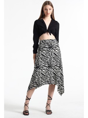 Kadın Belden Oturmalı Çizgili Krep Etek