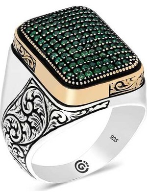 Gumush Gümüş Yeşil Zirkon Taşlı Kare Erkek Yüzük