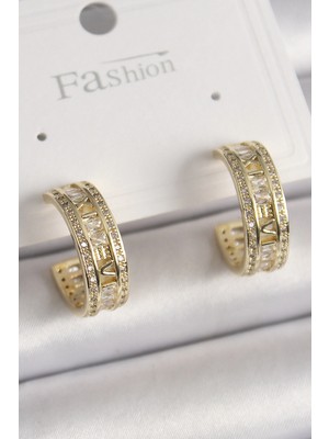 Clariss Üreticiniz Pirinç Gold Renk Zirkon Taşlı Işleme Detay Halka Model Kadın Küpe 481348