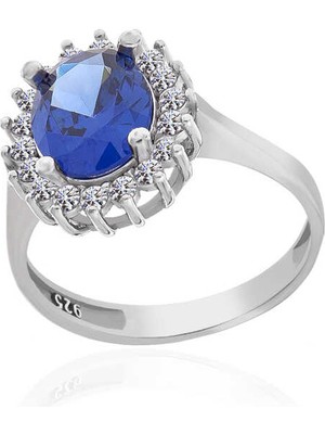 Gumush Gümüş Mavi Taşlı Oval Kadın Yüzük