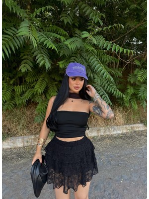 Kadın Dentel Şortlu Etek - Siyah