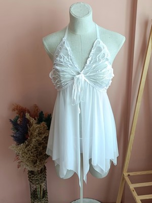 Nightlight Butterfly Önden Yırtmaçlı Çeyizlik Kadın Tül Gecelik / Tanga Set-Beyaz