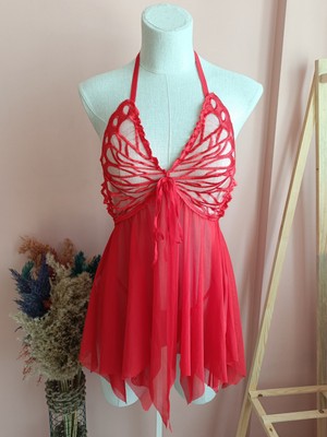 Nightlight Butterfly Önden Yırtmaçlı Çeyizlik Kadın Tül Gecelik / Tanga Set-Kırmızı