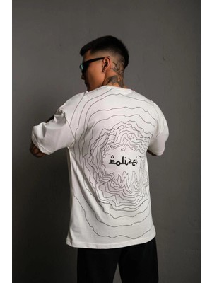 Erkek Bisiklet Yakalı Sırt Baskılı Oversize T-Shirt - Beyaz