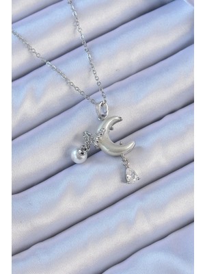 Clariss Üreticiniz 316L Çelik Zincir Gümüş Renk Zirkon Taşlı Kelebekli Mineli Ay Kolye 481348