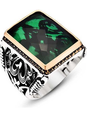 Gumush Gümüş Yeşil Zirkon Taşlı Erkek Yüzük