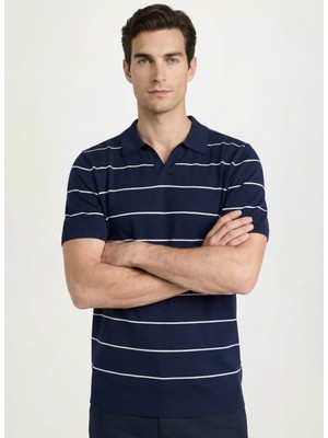 Fabrika Polo Yaka Slim Fit Çizgili Lacivert Erkek Kazak F6SM-KZK 2405