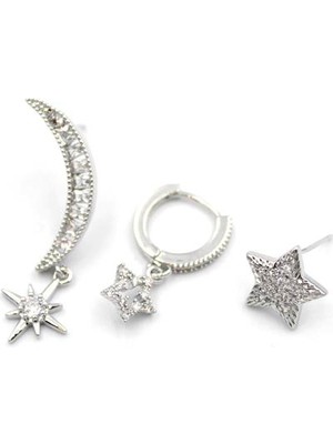 Beta Moda Hub 3'lü Hilal Yıldız Küpe - Gümüş
