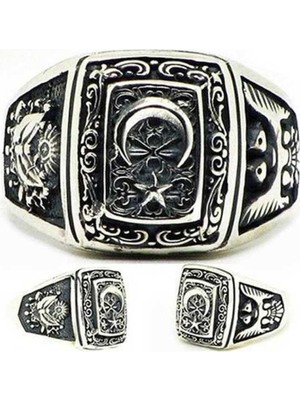 Gumush Gümüş Ay Yıldız Osmanlı Arması Kartal Desenli Erkek Yüzük