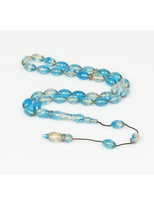 Taş Sandığı Mavi-Beyaz Sıkma Kehribar Tesbih (7×11 Mm)