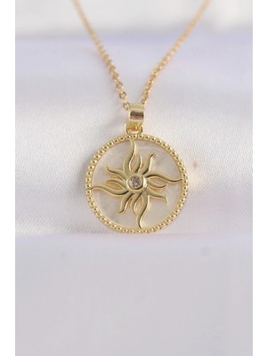 Clariss Üreticiniz 316L Çelik Zincir Altın Renk Zirkon Taşlı Oval Tasarım Güneş Kolye 481348