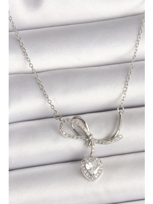 Clariss Üreticiniz 316L Çelik Gümüş Renk Zincir Zirkon Taşlı Düğüm Sallantı Kalp Figür Kadın Ko