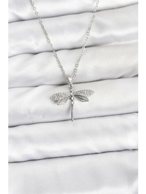 VeraGlobe Buğz 316L Çelik Zincir Gümüş Renk Yusufçuk Model Zirkon Taşlı Kadın Kolye