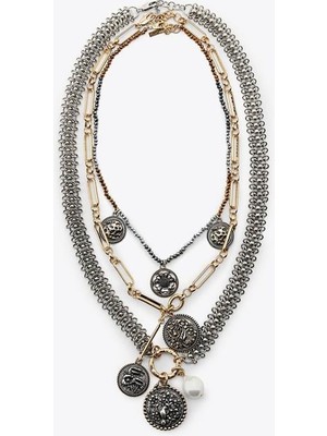 Beta Moda Hub 3'lü Madalyon Zincir Kolye - Çok Renkli