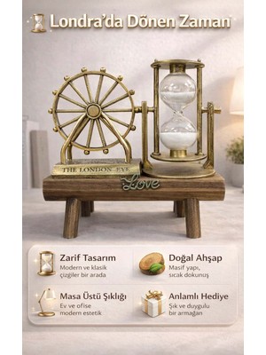 FaroxTech London Eye Temalı Dekoratif Dönen Kum Saati - Masif Ahşap Kaideli Hediyelik Obje