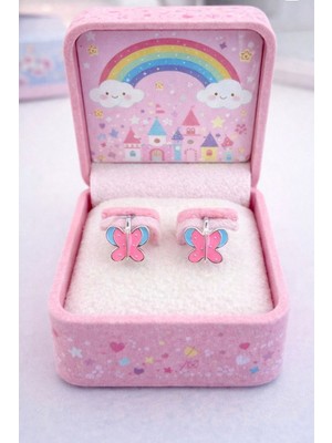 miraç gümüş takı atölyem 925 Ayar Gümüş Büyük Kelebek Detaylı Mineli Çocuk Küpesi (Klipsli)