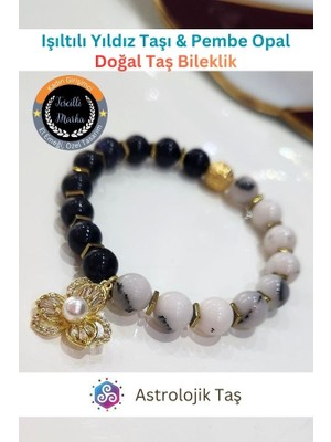 ASTRO STONES Işıltılı Yıldız Taşı & Pembe Opal, Çiçek Charmlı Şans Doğal Taş Bilekliği