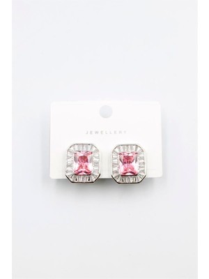 Beta Moda Hub Kare Taşlı Küpe - Pembe