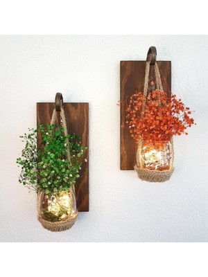 PremiumPort Yeşil ve Turuncu Çipso Çiçekli LED Işıklı Ceviz Dekor Ikili Set