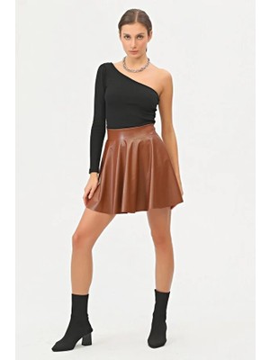 Kadın Mini Kloş Taba Renkli Suni Deri Etek