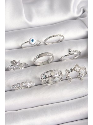 Clariss Üreticiniz Pirinç Gümüş Renk Nazar Boncuk Detay Incili Kelebek Işlemeli Kadın Yüzük Kombi