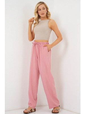 Queene Dreams Geniş Paça Keten Pantolon 6735 - Pudra