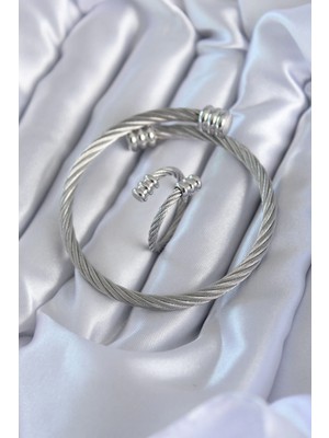 Clariss Üreticiniz 316L Çelik Gümüş Renk Sarmal Model Erkek Bileklik Yüzük Kombini 481348