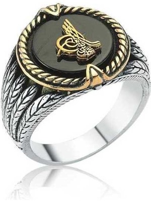 Gumush Gümüş Siyah Taşlı Tuğralı Erkek Yüzük