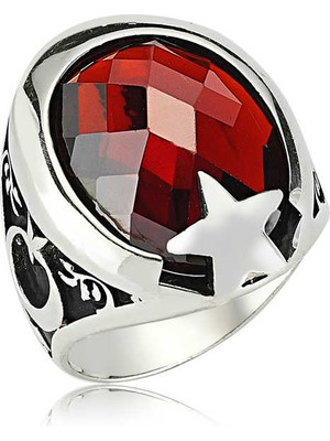 Gumush Gümüş Kırmızı Taşlı Ay Yıldız Erkek Yüzük