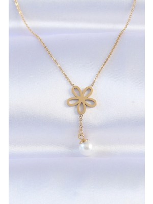 Clariss Üreticiniz 316L Çelik Zincir Gold Renk Inci Detay Çiçek Kolye 481348