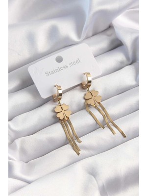 Clariss Üreticiniz 316L Çelik Altın Renk Italyan Zincirli Yonca Model Halka Küpe 481348