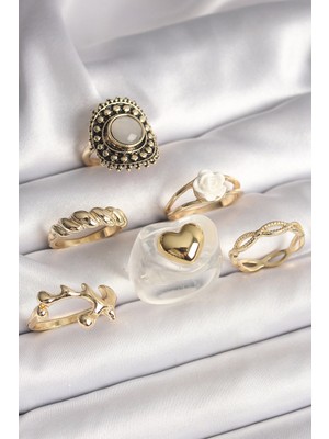 Clariss Üreticiniz Pirinç Gold Renk Beyaz Gül Figür Kalp Işlemeli Sarmal Detay 6'lı Kadın Yüzük Se