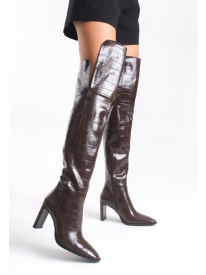 LOJO Kadın Diz Üstü  Yandan Fermuarlı Topuklu Kroko Çizme Mara Kahve