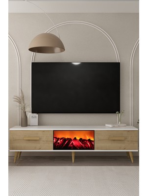 Demonte Decor TV0050-TXA150DD-1 Şömineli Tv Sehpası Beyaz-Safir-Safir Kulp