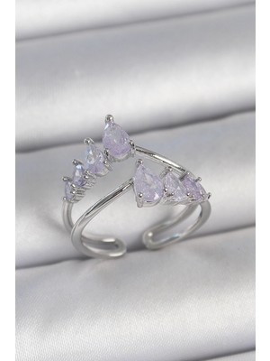 Clariss Üreticiniz Pirinç Gümüş Renk Mor Damla Zirkon Taşlı Taç Model Kadın Yüzük 481348