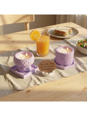 Miaju Sevdiklerinize Çok Özel Hediye, Isim Tarih ve Mesaj Yazılabilen Kişisel Dekoratif Mum Seti, Mor