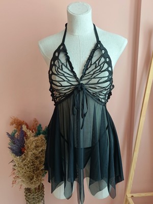 Nightlight Butterfly Önden Yırtmaçlı Çeyizlik Kadın Tül Gecelik / Tanga Set-Siyah