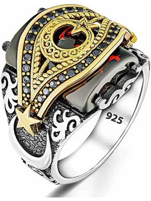 Gumush Gümüş Kırmızı Taşlı Ay Yıldız Erkek Yüzük